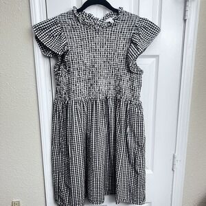 Time and Tru Girls Gingham Dress Smocked Ruffle Black White L 12-14